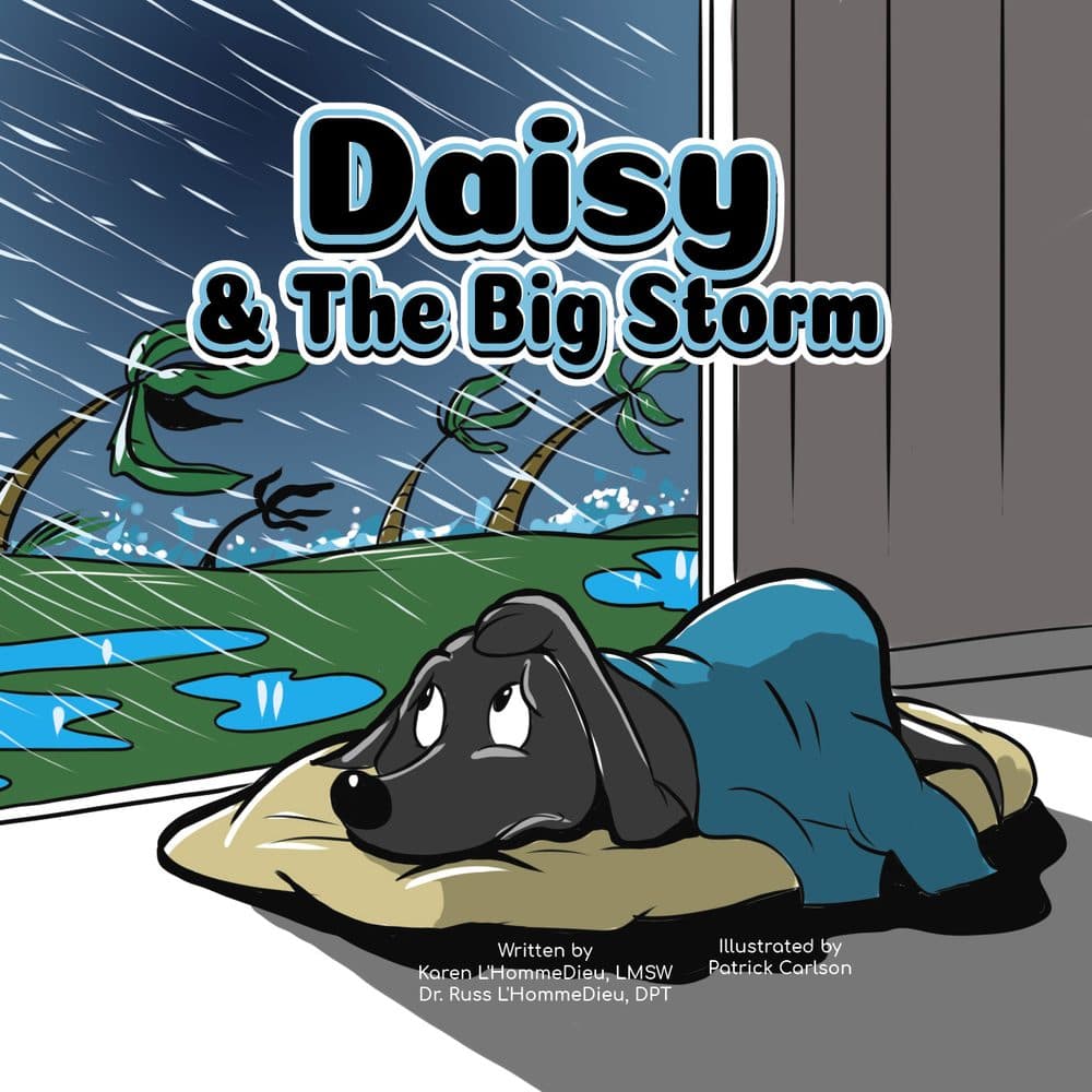 Cover of Daisy & The Big Storm: Daisy curled up on her bed under a blue blanket, watching wind and rain bend palm trees outside the window.